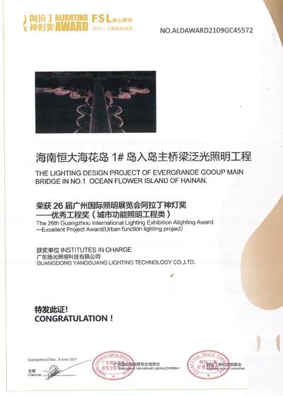 阿拉丁神燈獎優秀工程獎證書